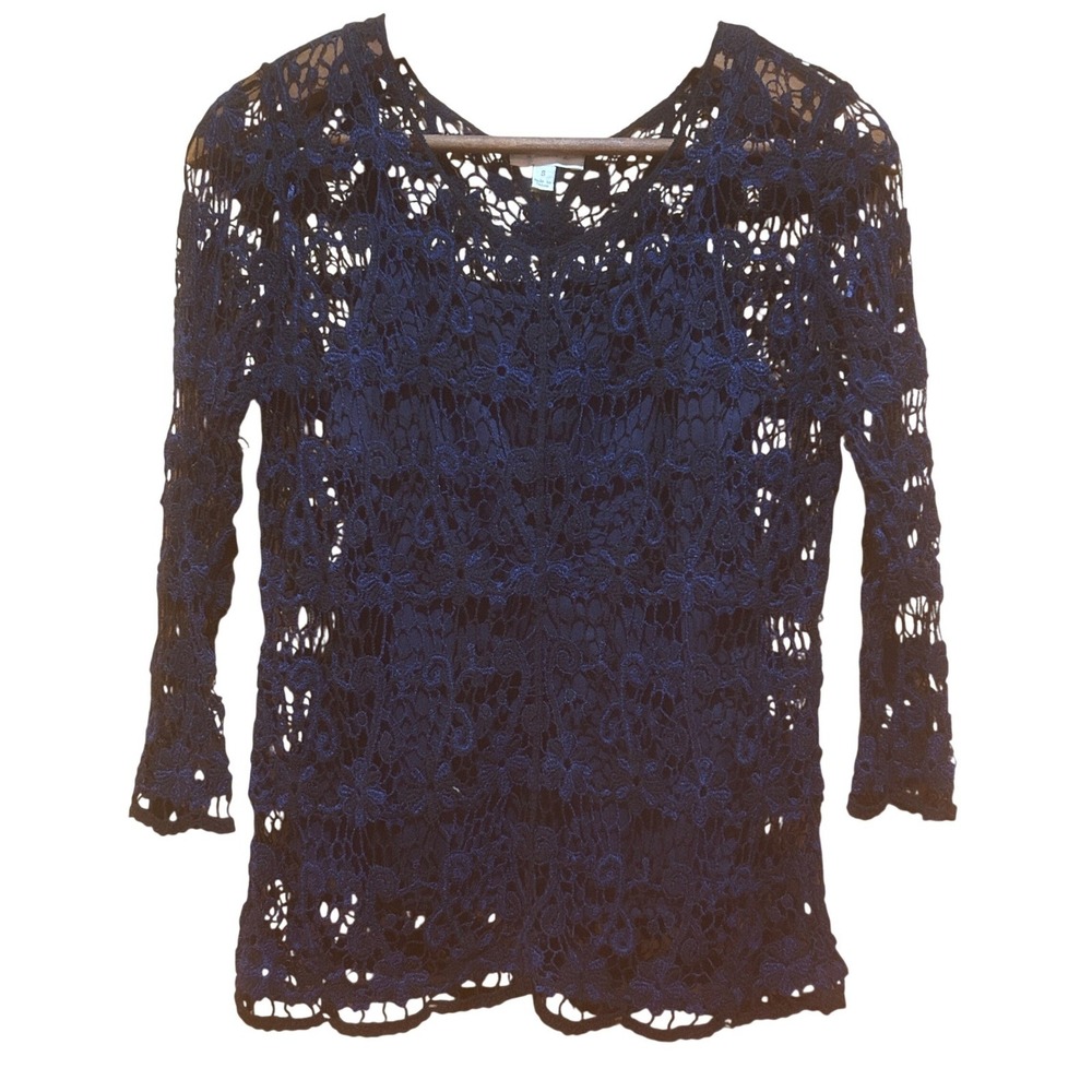 Adiva Top Womens Size Small Blue Black Lace Crochet Vneck Whimsigoth Witchy Edgy